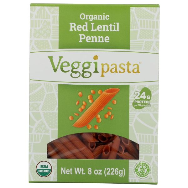 VEGGIPASTA: Organic Red Lentil Penne Pasta, 8 oz