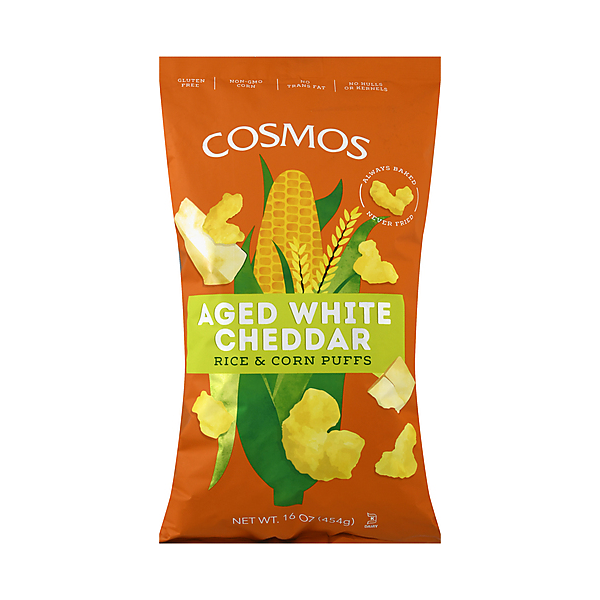 COSMOS CREATIONS: Aged White Cheddar Rice and Corn Puffs, 16 oz