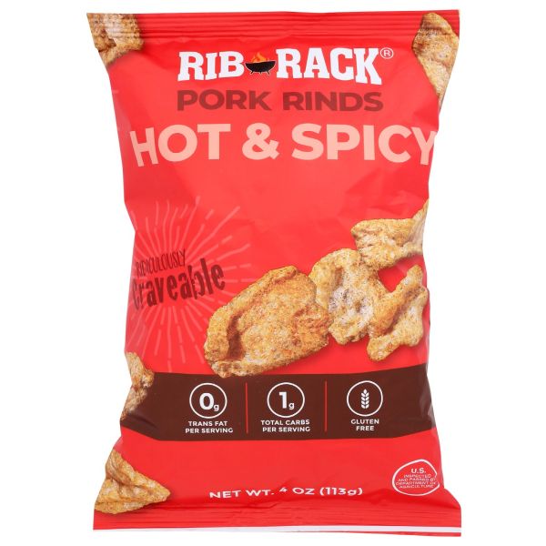 RIB RACK: Hot and Spicy Pork Rinds, 4 oz